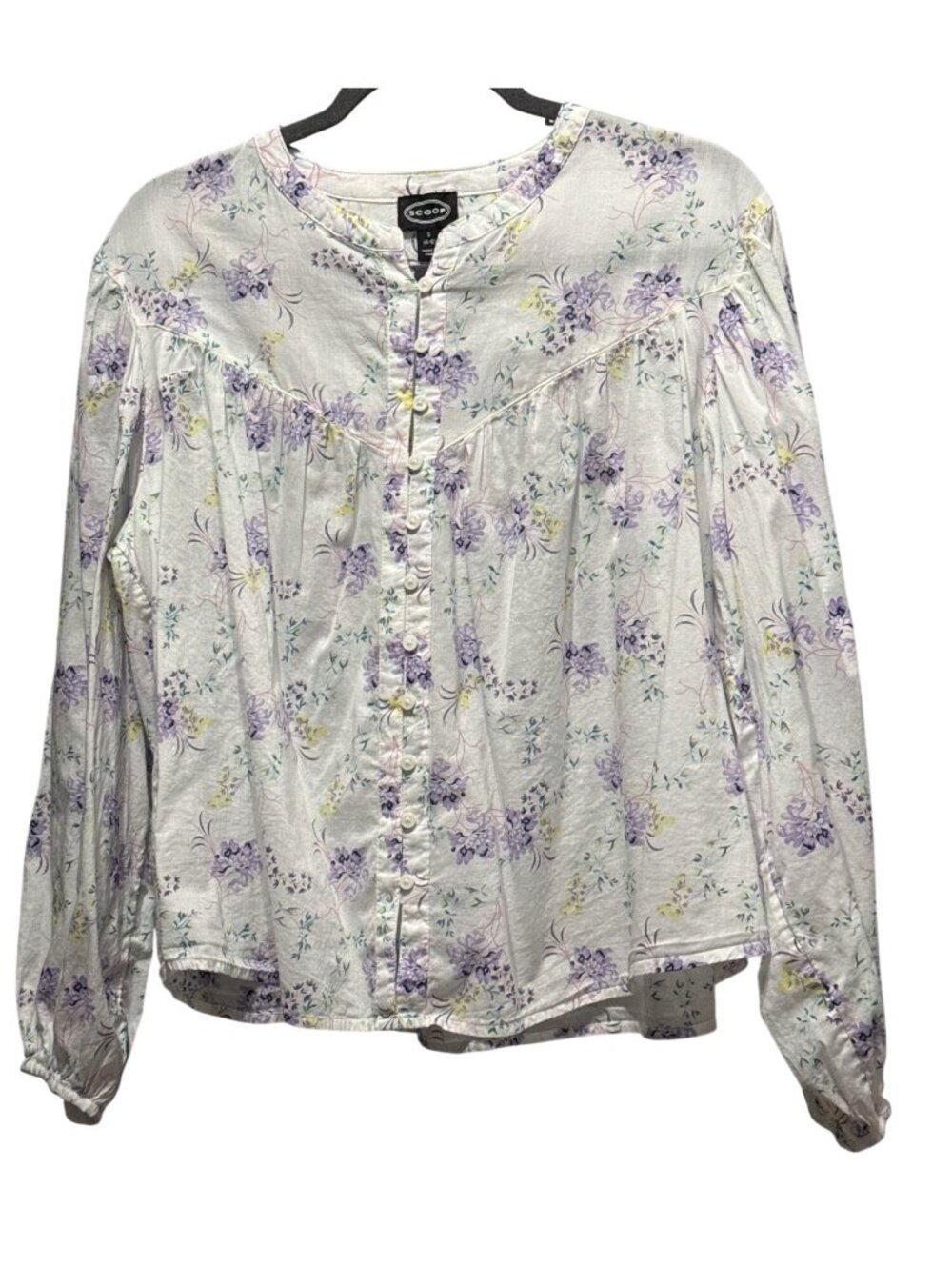 Scoop Boho Floral Button-Down Long Sleeve Cropped Blouse Lightweight Small